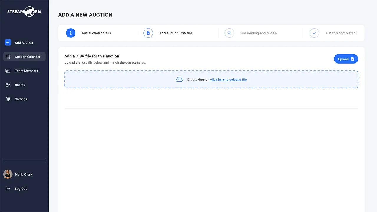 Upload a single auction CSV file with StreamBid.