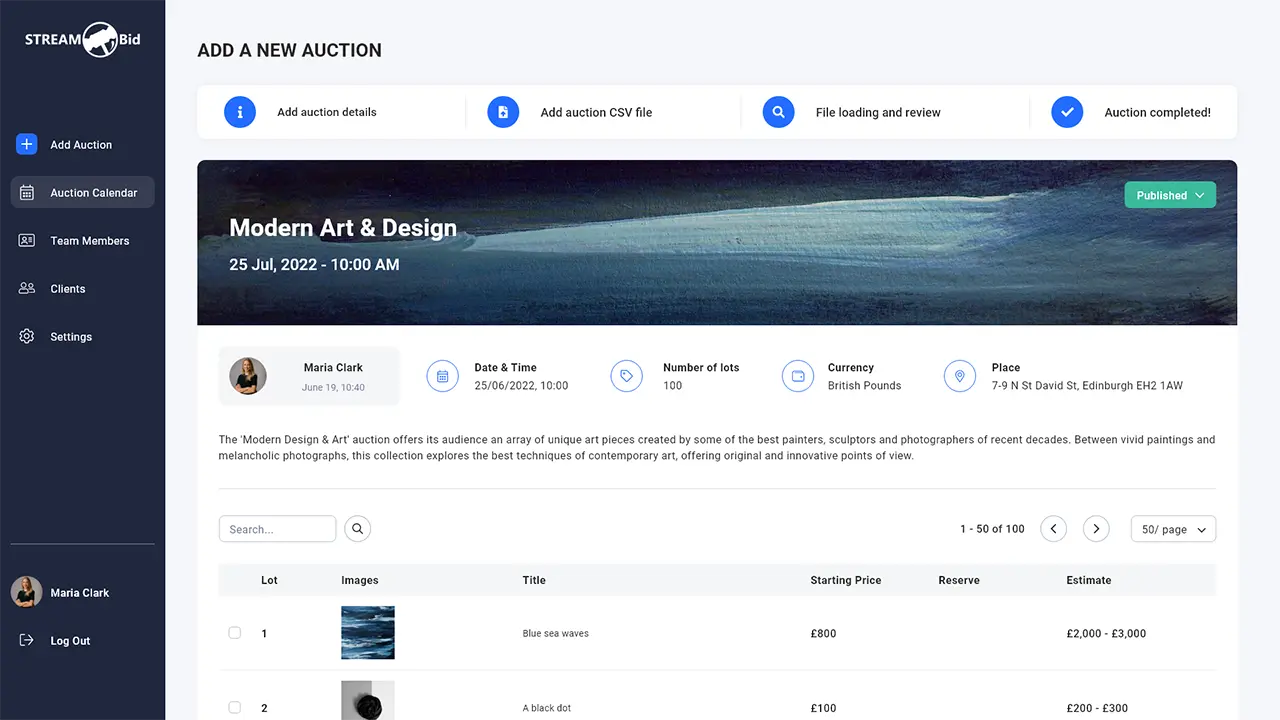 Edit, manage and review your online auction easily with StreamBid.